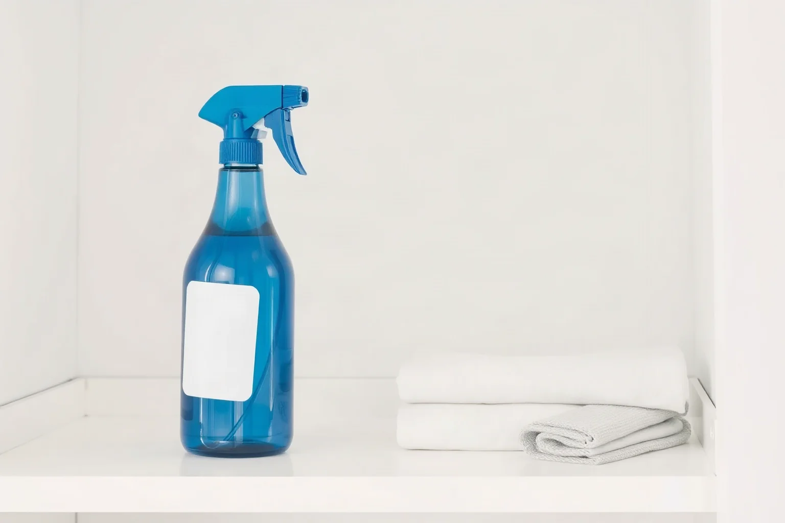 A blue aerosol spray bottle on a laundry room shelf, soft clean lifestyle-illustration style, plain label with no visible text emphasis
