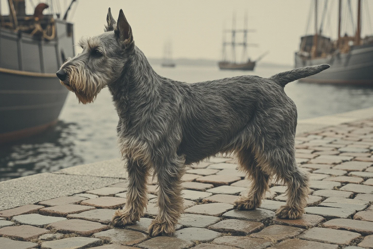 Pooches of the Past: 23 Extinct Dog Breeds and Their Stories 13 A blue-grey terrier standing on cobblestone docks near old sailing ships, muted vintage illustration