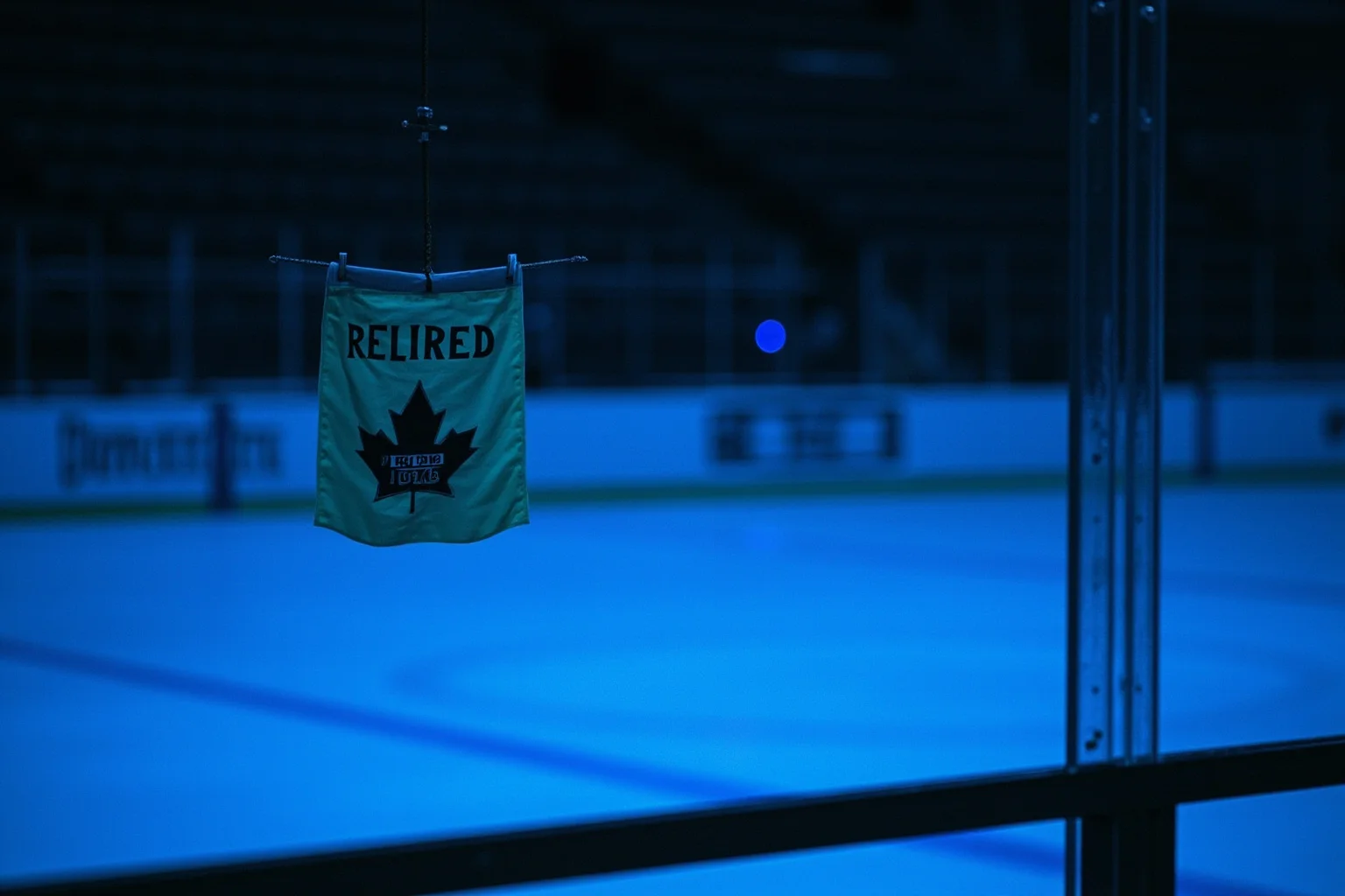 Longest Championship Droughts In Sport History 16 A blue hockey rink at night with a single retired jersey banner from the 1960s hanging in shadow, symbolic illustration