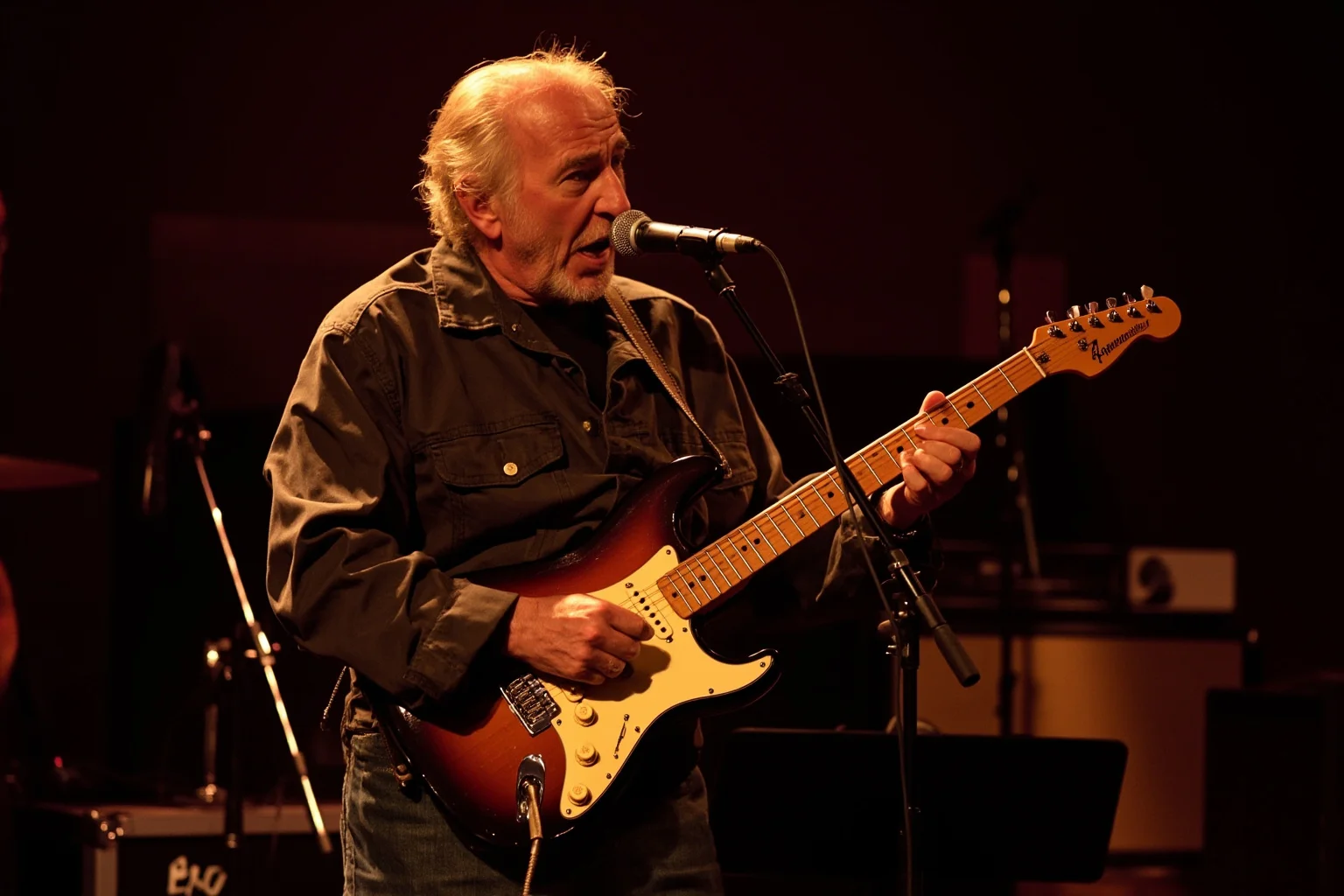 A blues-rock guitarist in a small club setting, expressive stance, vintage electric guitar, warm stage lighting