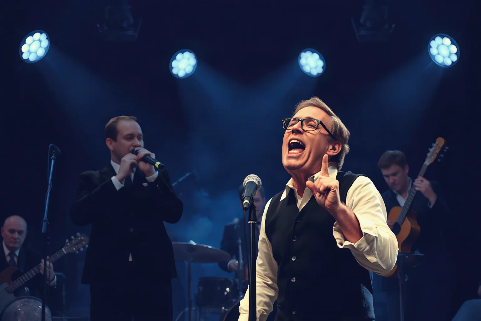 A blues singer performing passionately in front of a 1920s jazz band, dramatic stage lighting, illustration
