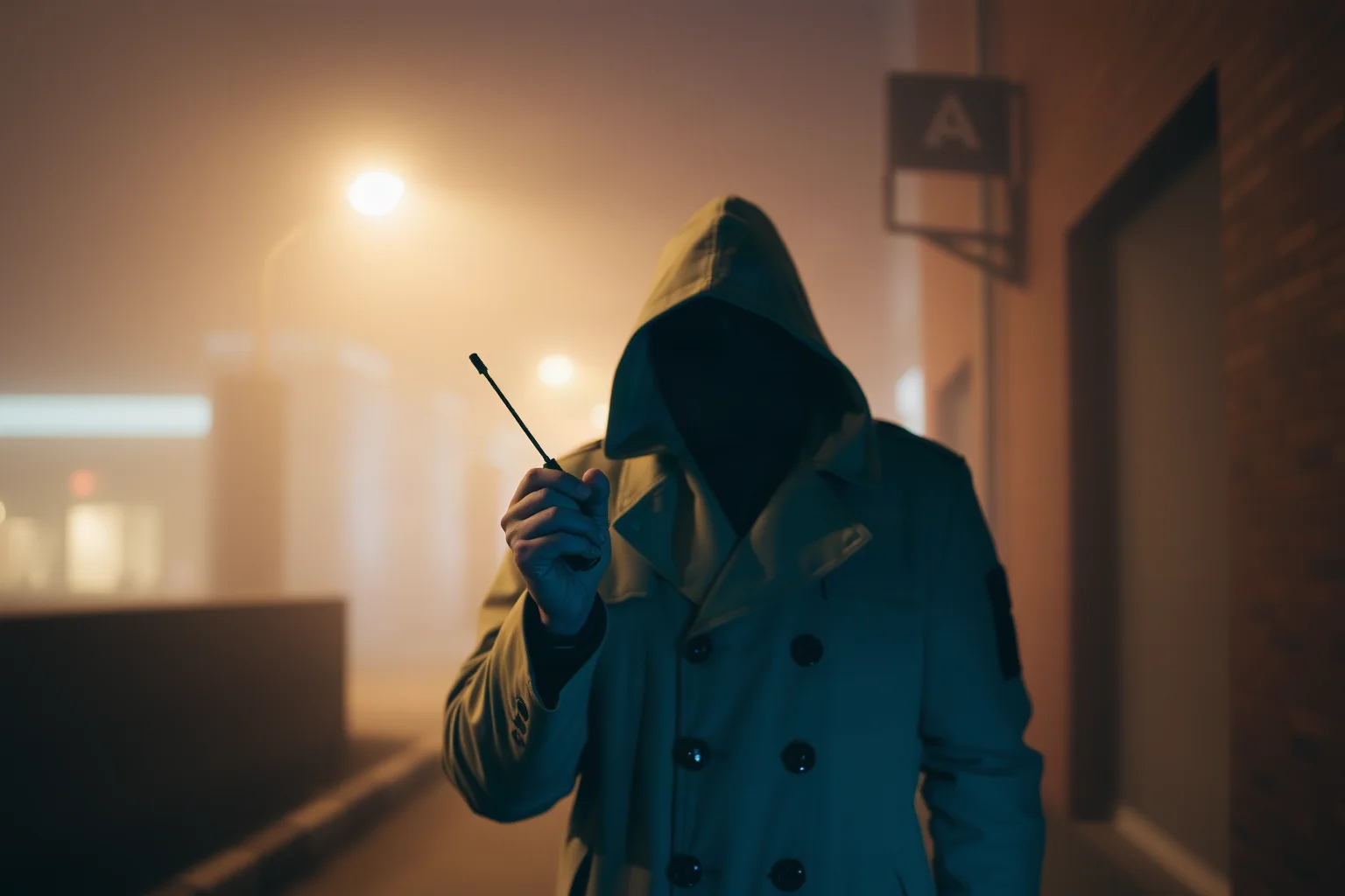 A blurred figure in a trench coat holding a small radio in a foggy urban alley at night