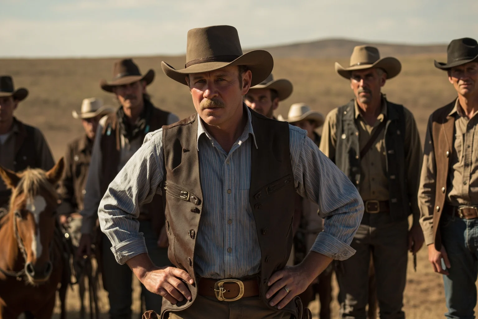 Hilarious Slang Terms From The Wild West 19 A boastful cowboy standing with hands on hips in front of a group of unimpressed ranch hands, comedic tone