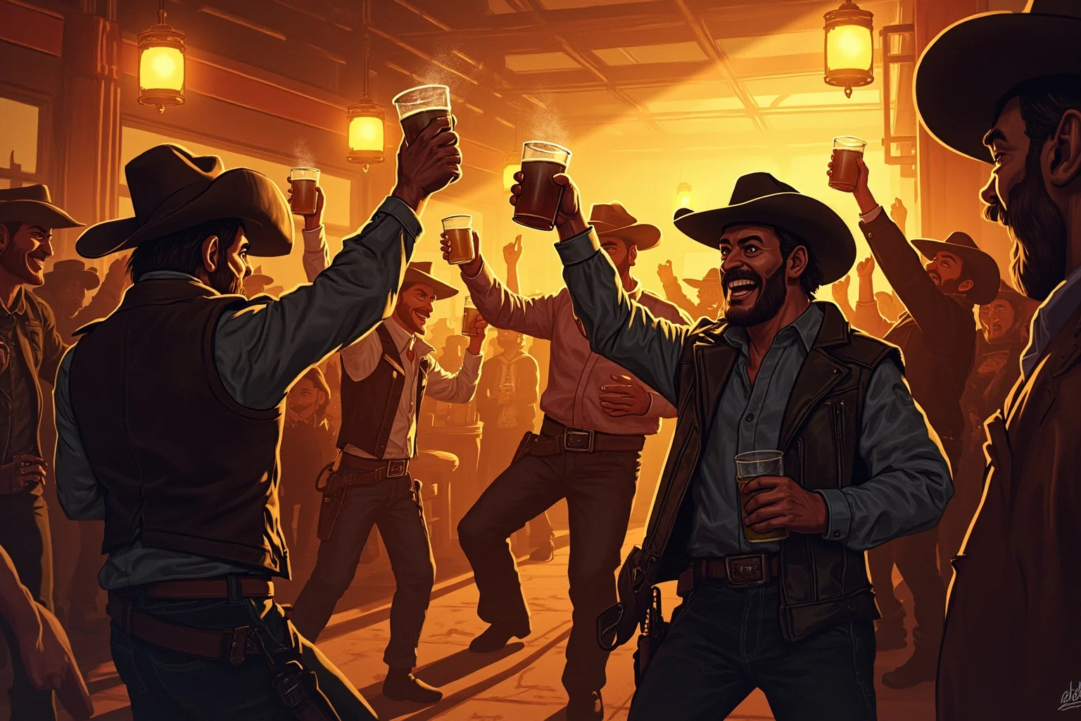 Hilarious Slang Terms From The Wild West 9 A boisterous saloon party scene with cowboys raising glasses and dancing, warm lantern light, illustrated western style