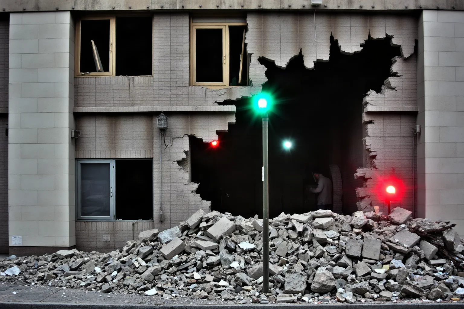 A bombed-out building facade with rubble and emergency lights, symbolizing the violence of narco-terrorism