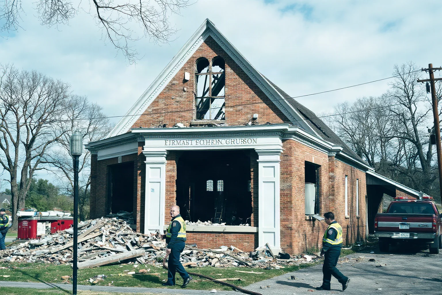 A bombed-out church building with debris and emergency responders, representing the 1963 Birmingham church bombing