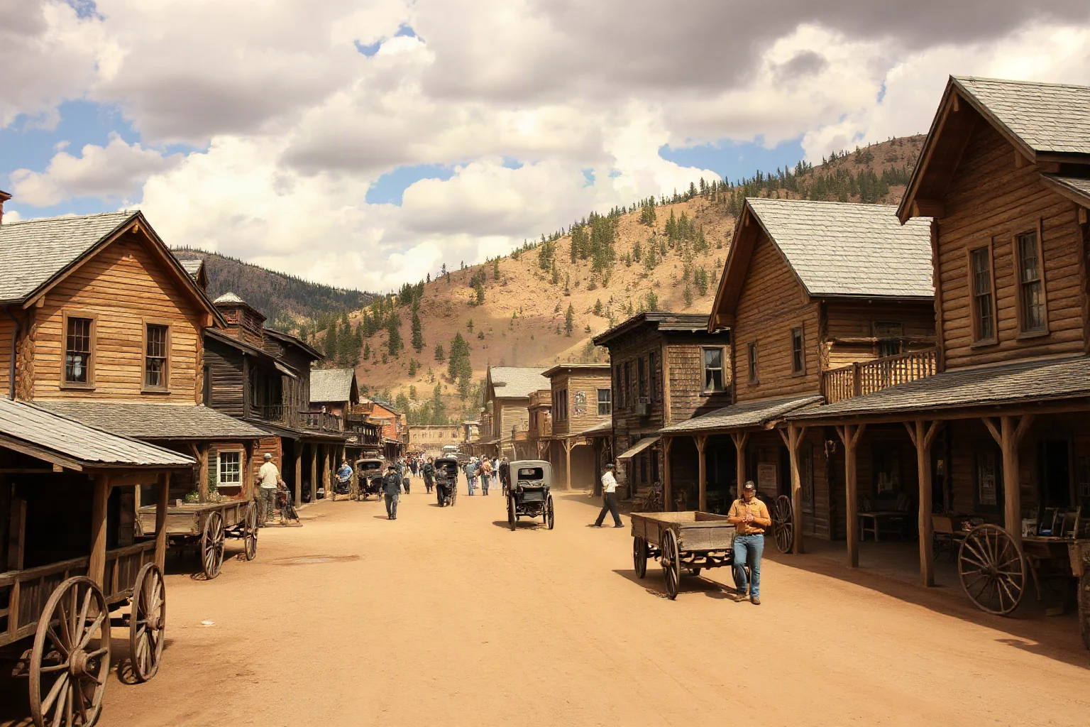 A booming frontier mining town street crowded with wagons, workers, and new wooden buildings