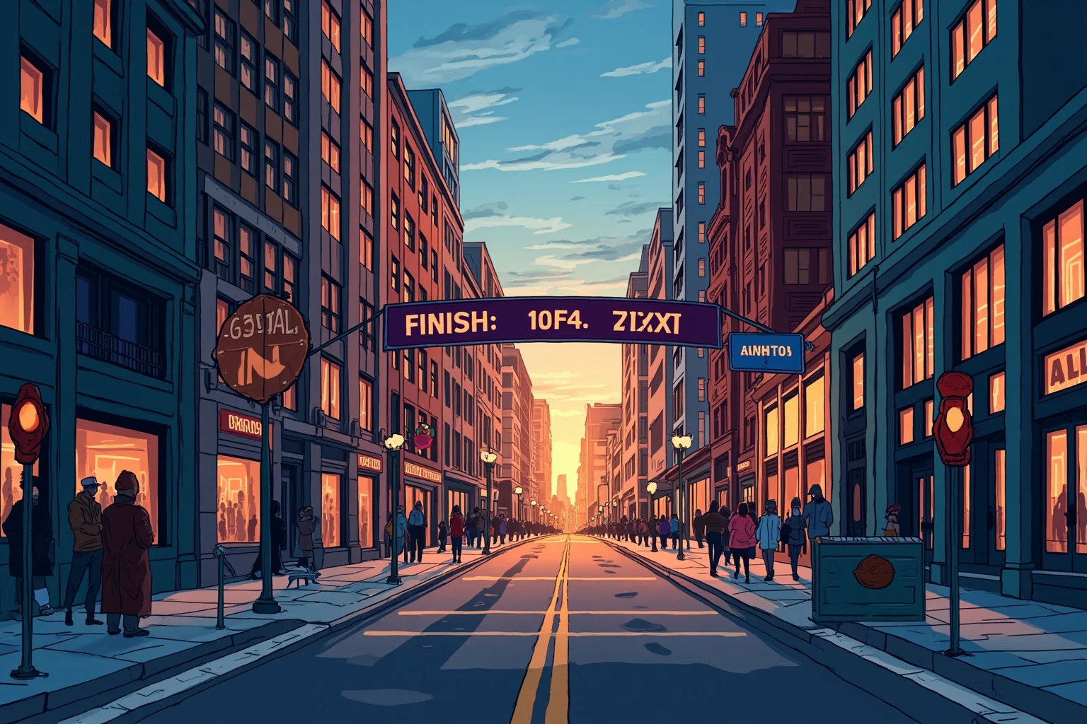 A Boston city street illustration near a marathon finish line banner, empty and solemn at dusk