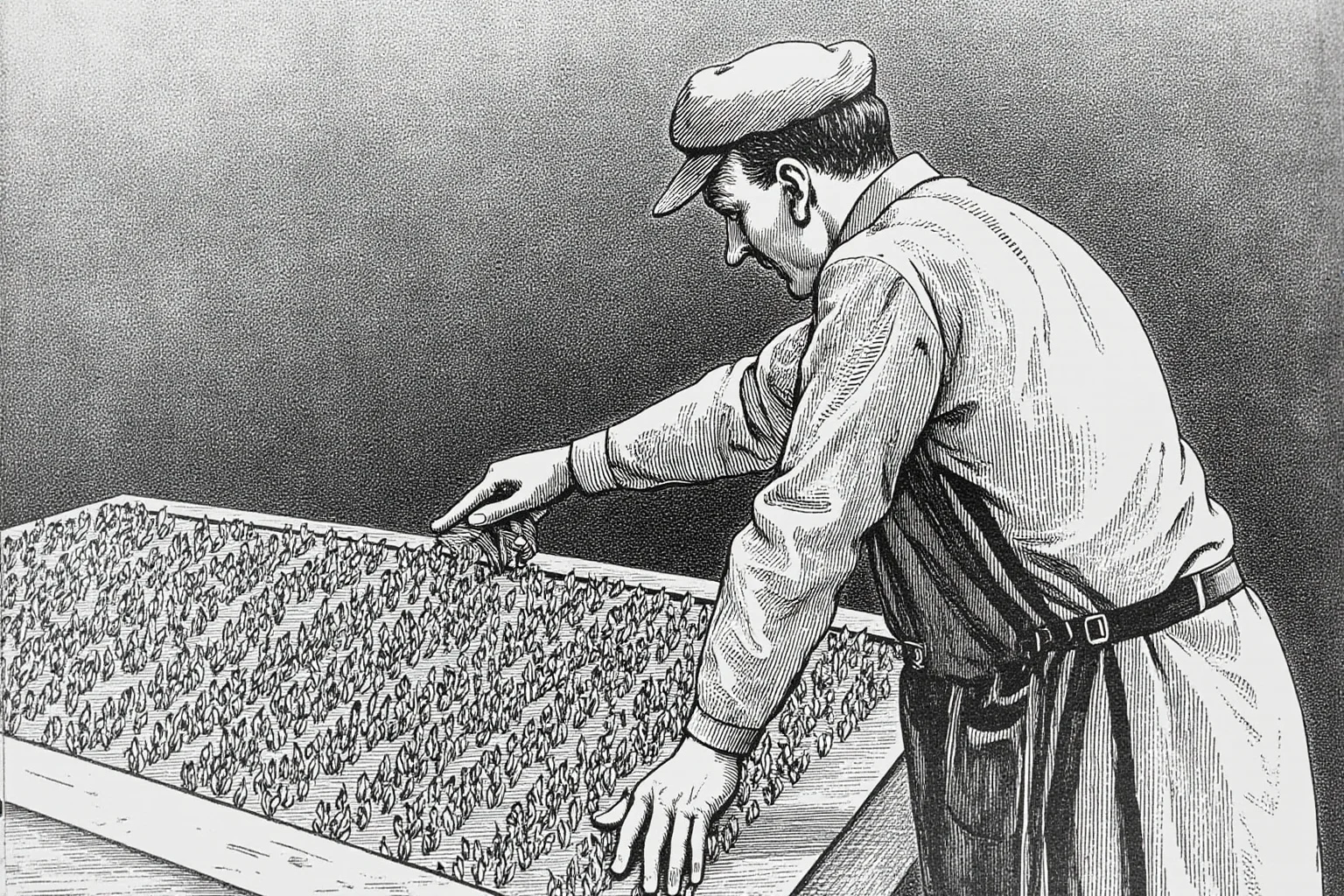 A botanist examining rows of seed samples in a Soviet-era research greenhouse, historical illustration