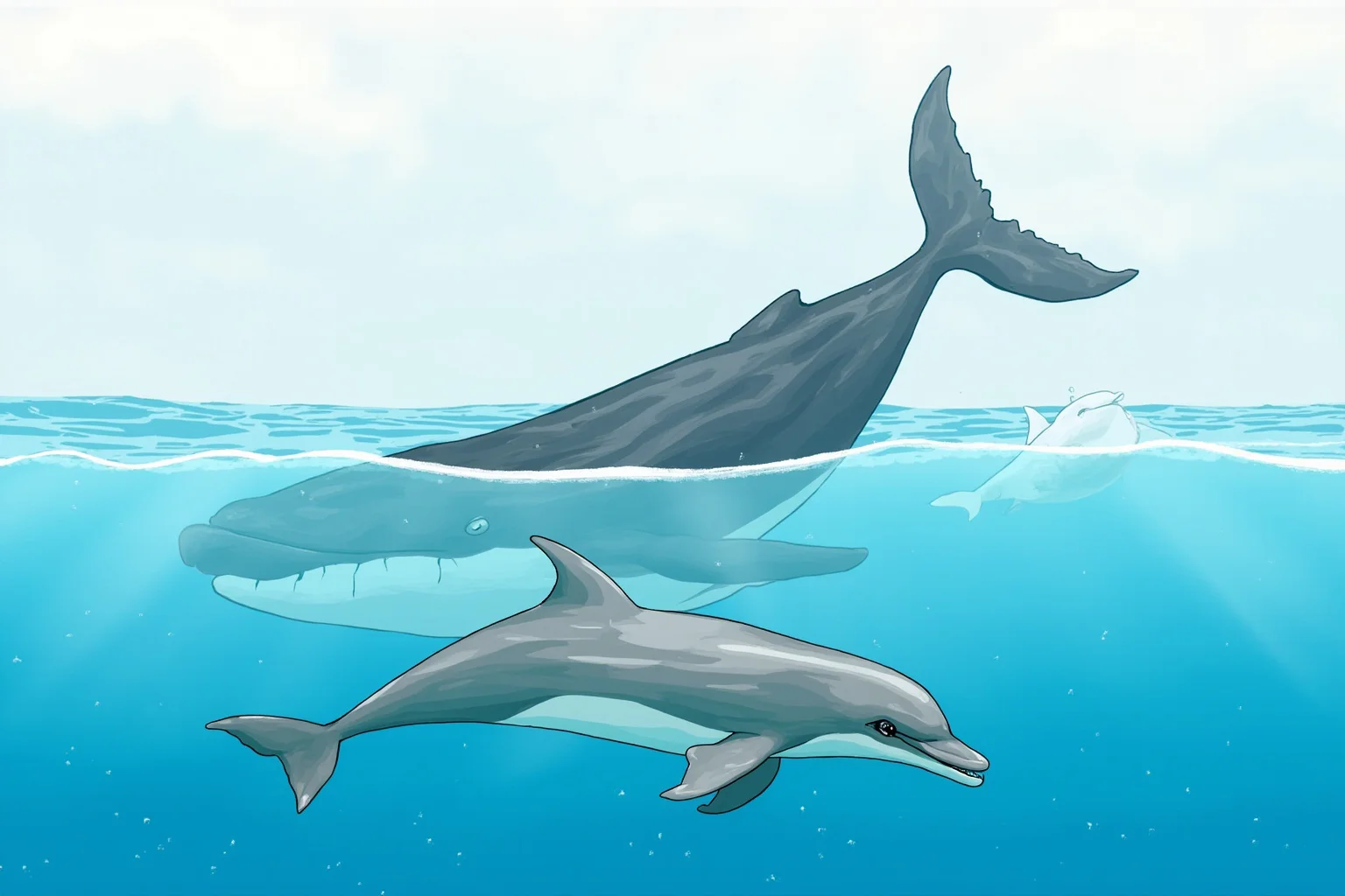22 Animal Heroes Who Changed Human History 22 A bottlenose dolphin swimming alongside a whale and calf toward open ocean, illustrative style