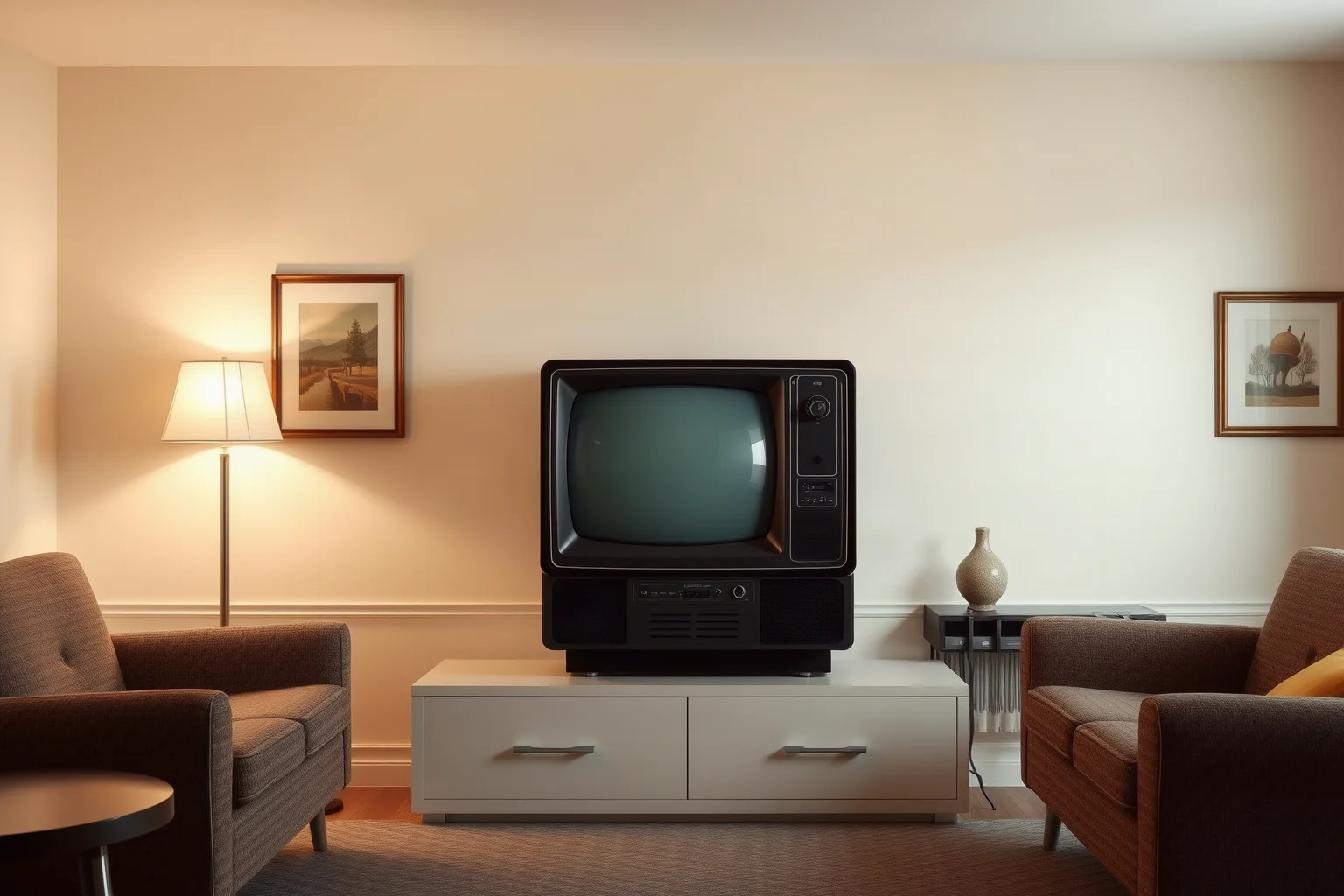 A boxy 1950s console color television set glowing in a retro living room