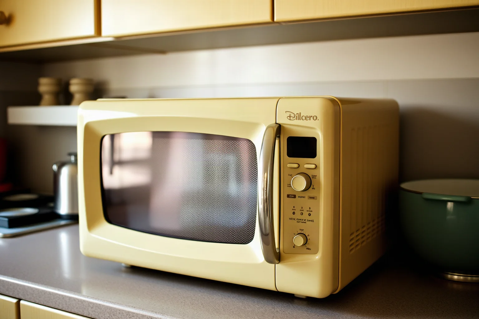 A boxy 1950s countertop microwave oven in a retro kitchen
