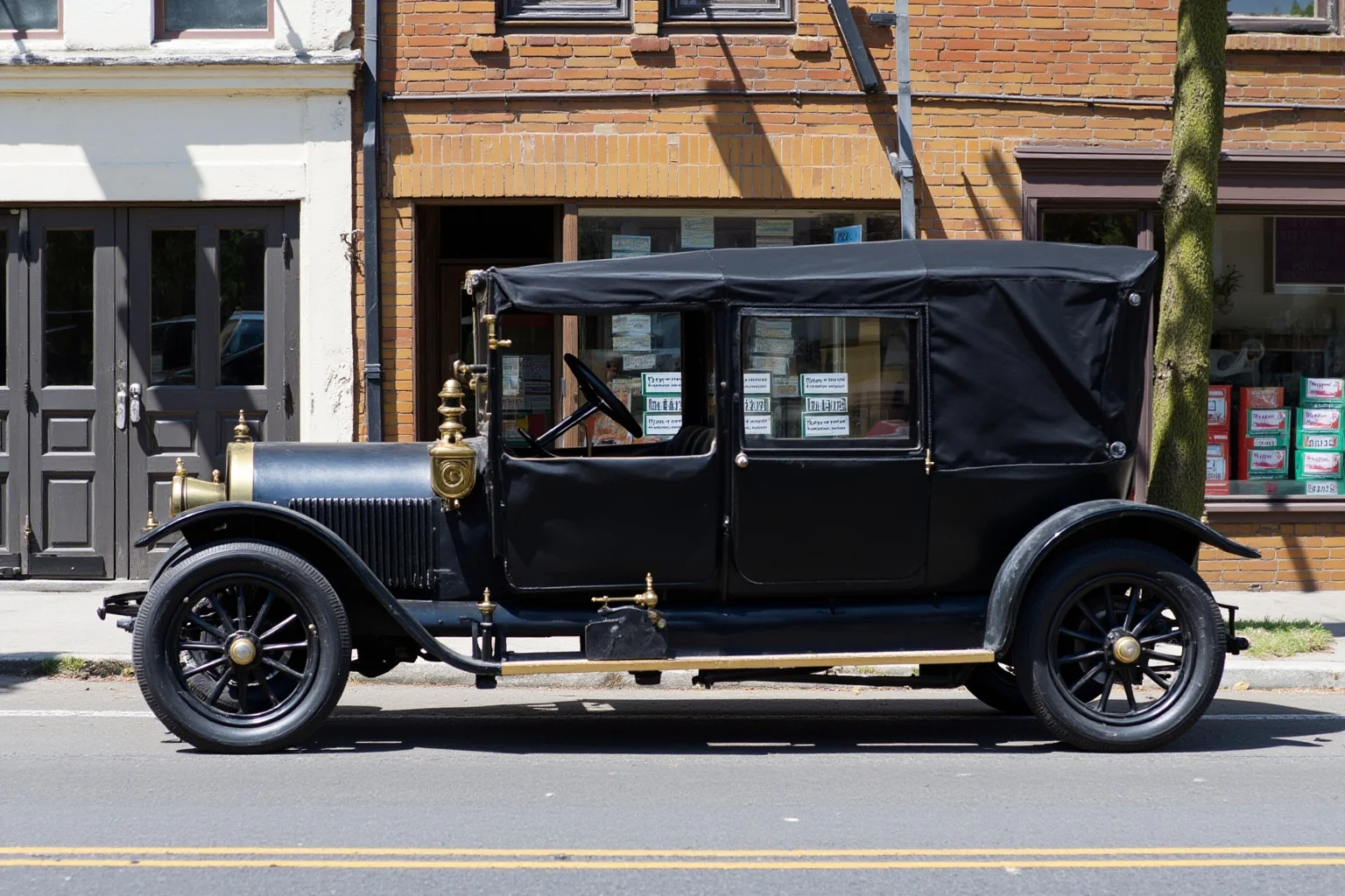 A boxy early 1900s black touring car with brass headlamps and spoked wheels, parked outside a small town storefront