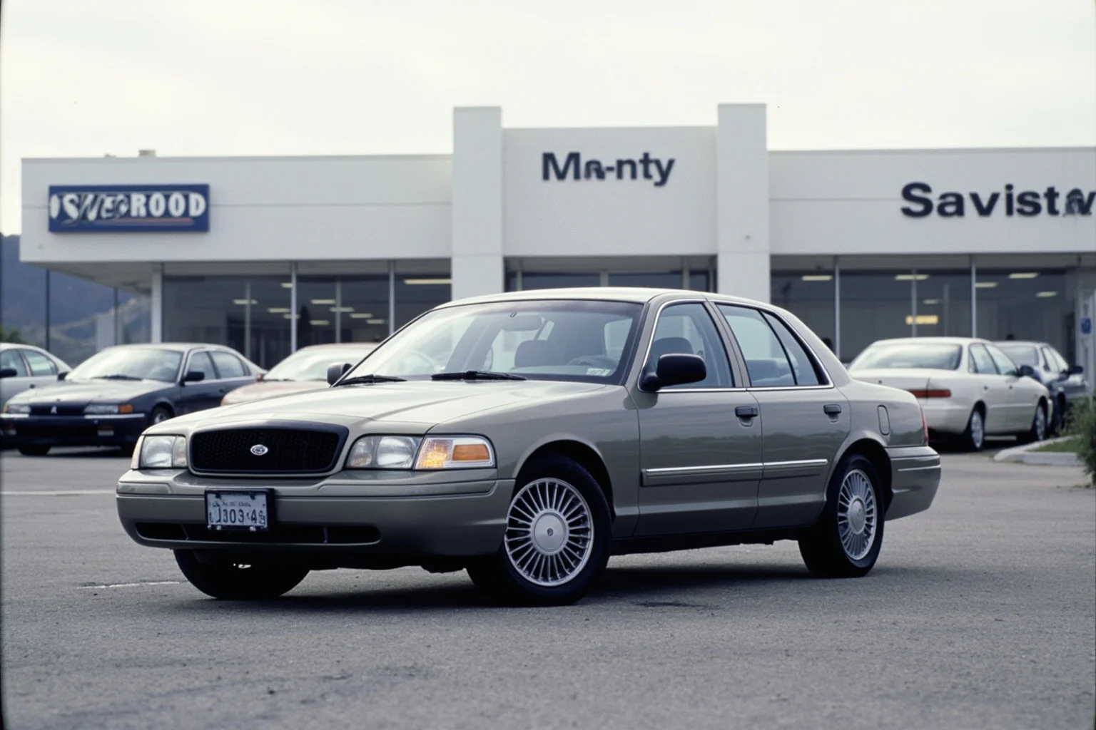 A boxy early-2000s American sedan parked alone in an empty car dealership lot