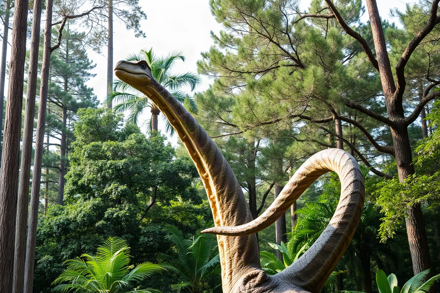 A Brachiosaurus with an extremely long neck reaching into tall treetops in a Jurassic forest