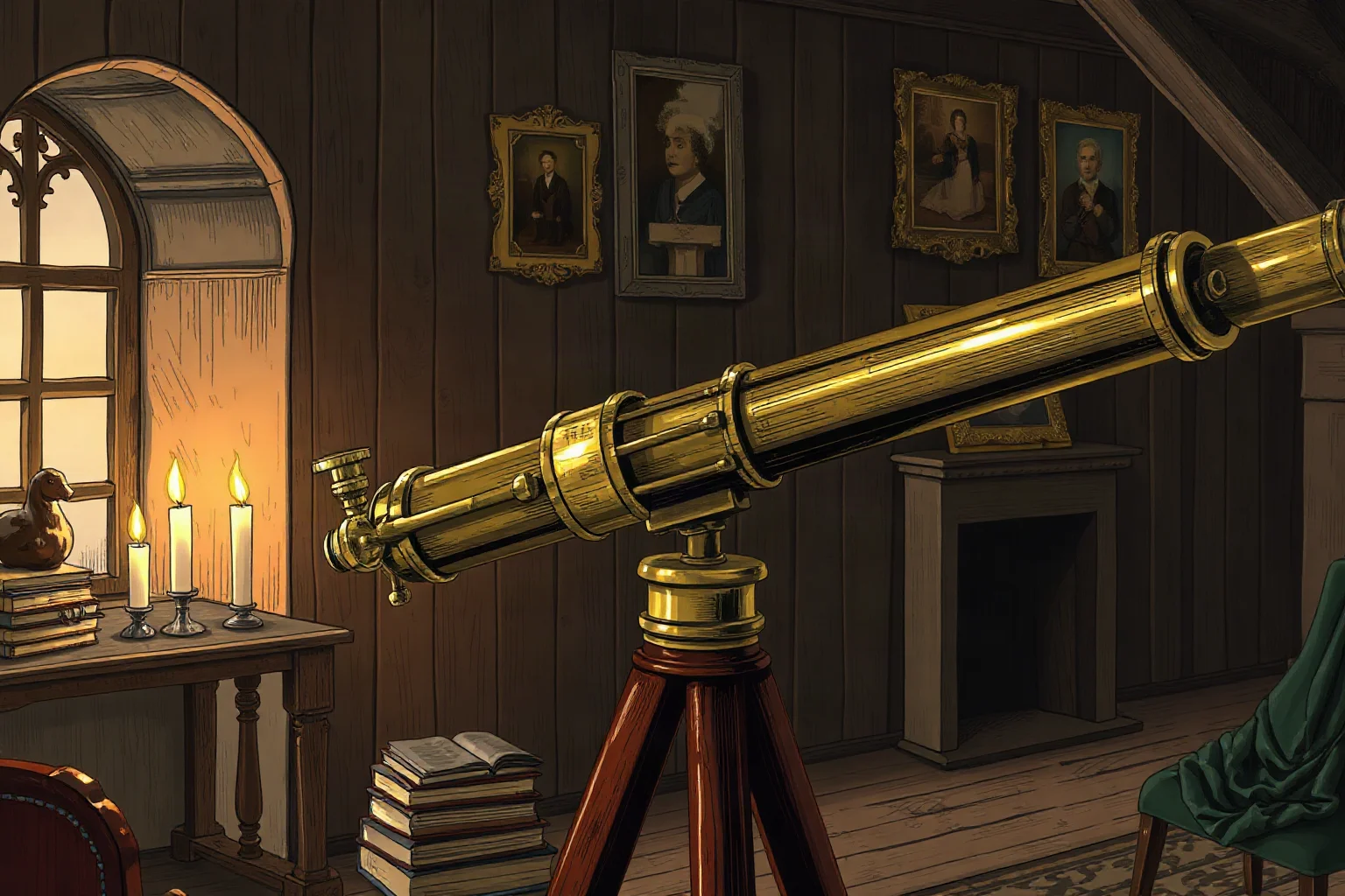 A brass and wood reflecting telescope on a wooden stand in a candlelit 17th-century study, historical illustration style