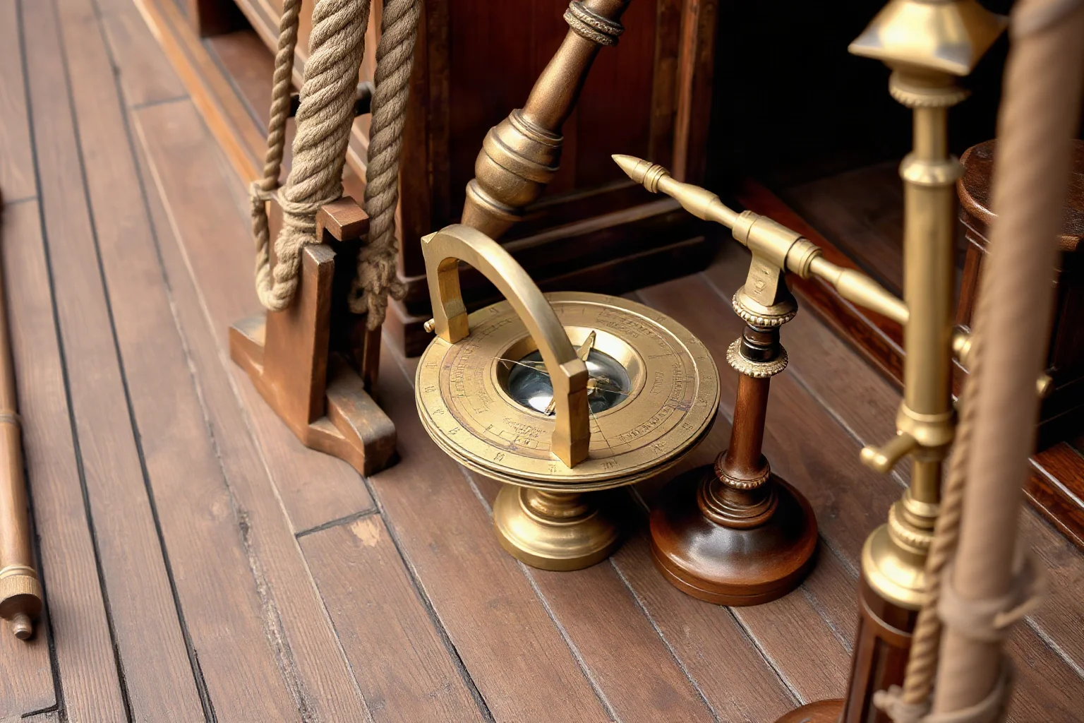 A brass astrolabe and cross-staff navigational instruments on a ship's wooden deck