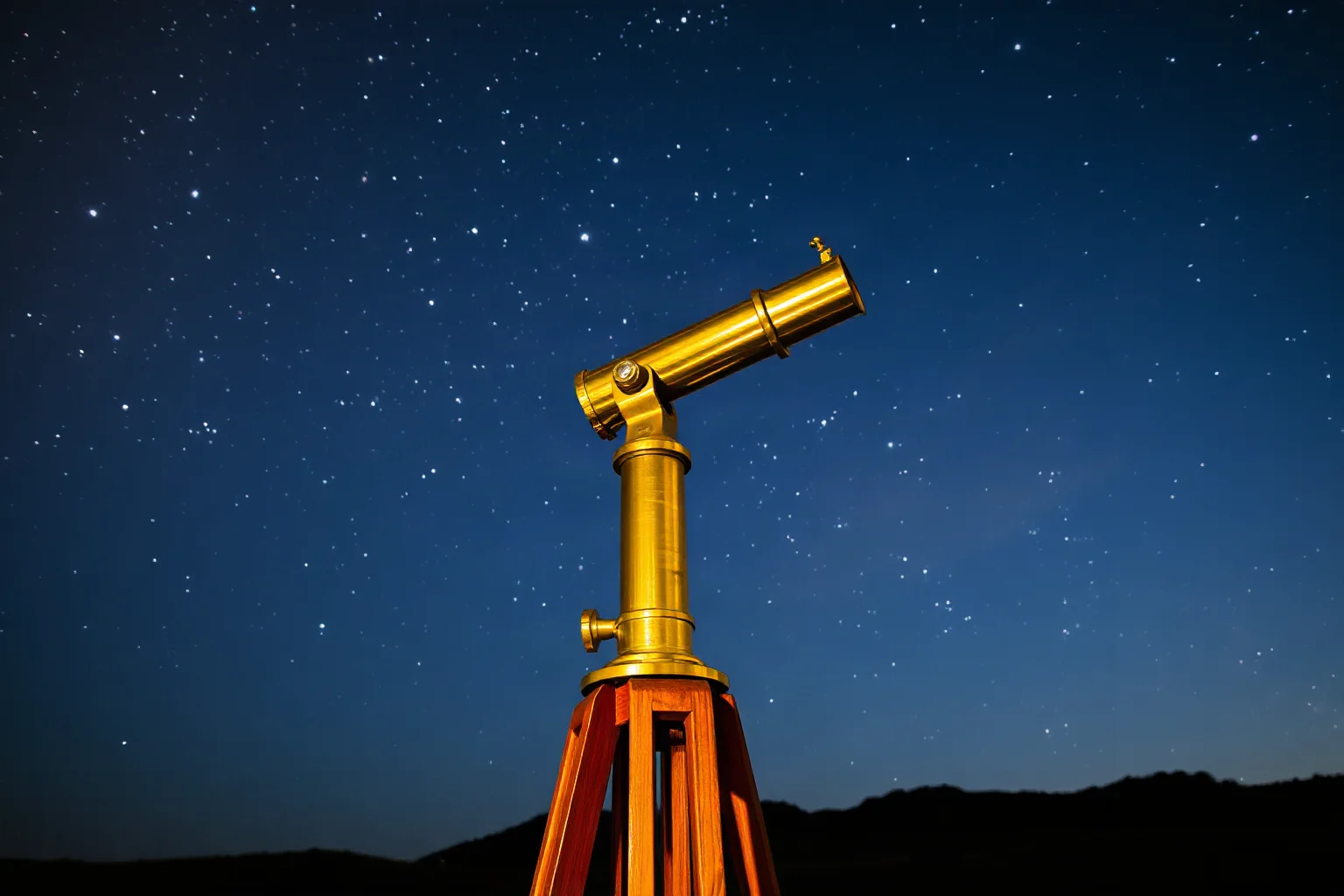 A brass Renaissance-era telescope on a wooden stand pointed toward a starry night sky
