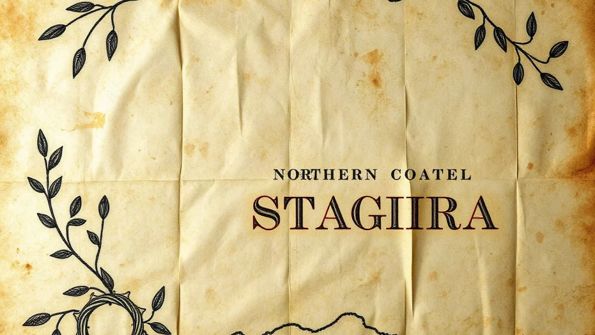 A weathered ancient map highlighting the northern Greek coastal town of Stagira, with sketched olive branches and coastline