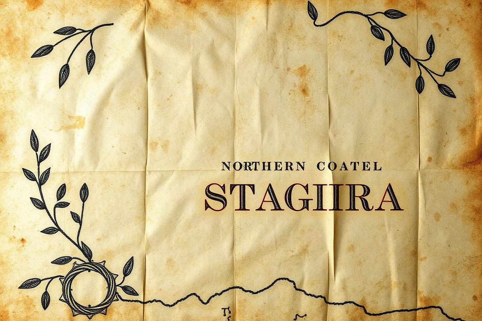 A weathered ancient map highlighting the northern Greek coastal town of Stagira, with sketched olive branches and coastline