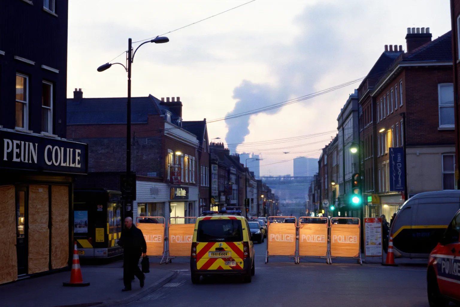A British urban street at dusk with boarded-up storefronts, police barriers, and smoke rising in the distance during 1980s civil unrest