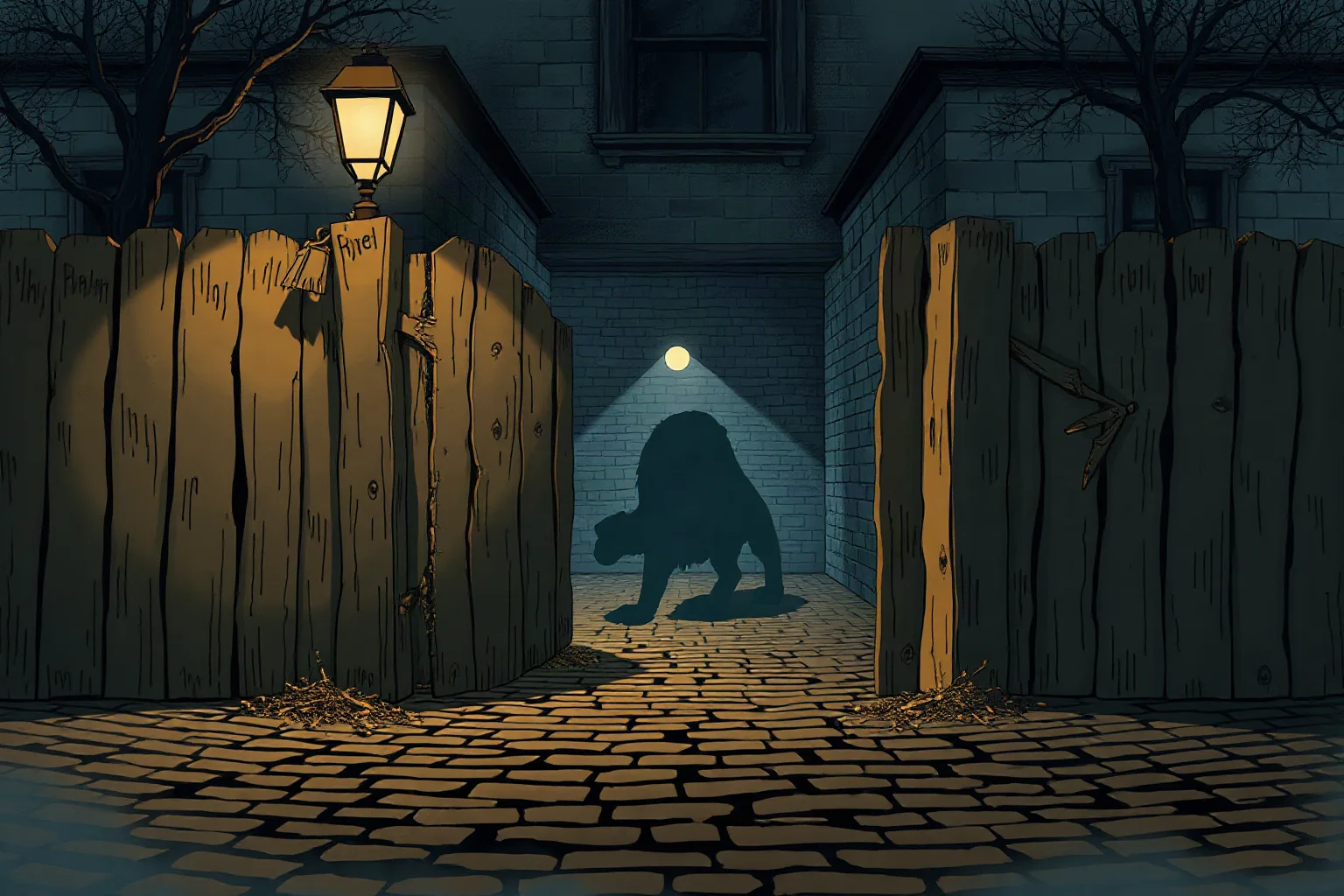 A broken wooden enclosure gate at night with a shadowy large animal shape escaping into a cobblestone courtyard, dramatic historical illustration