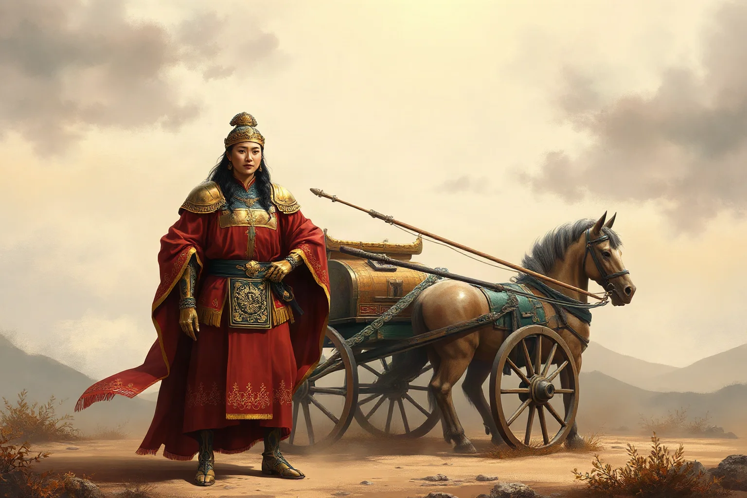 A Bronze Age Chinese noblewoman general in ceremonial armor standing beside a war chariot, ancient historical illustration