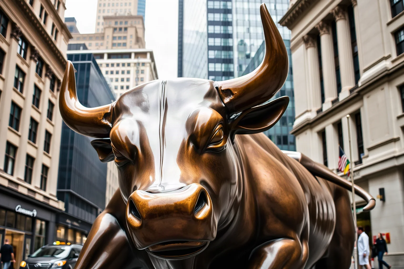 A bronze bull statue with lowered horns on a city street, financial district buildings behind it