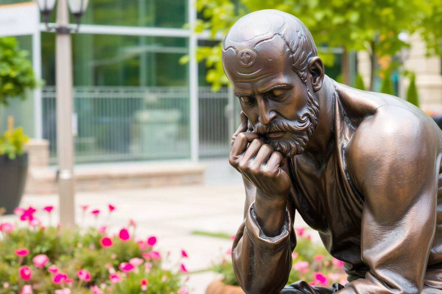 A bronze statue of a seated man resting his chin on his hand in deep thought, outdoor garden setting