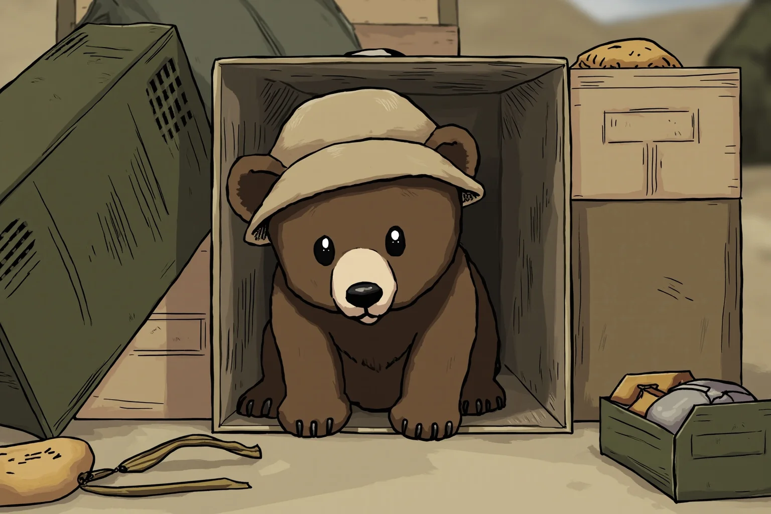 22 Animal Heroes Who Changed Human History 5 A brown bear cub in a military camp setting among supply crates, illustrative style, no real people