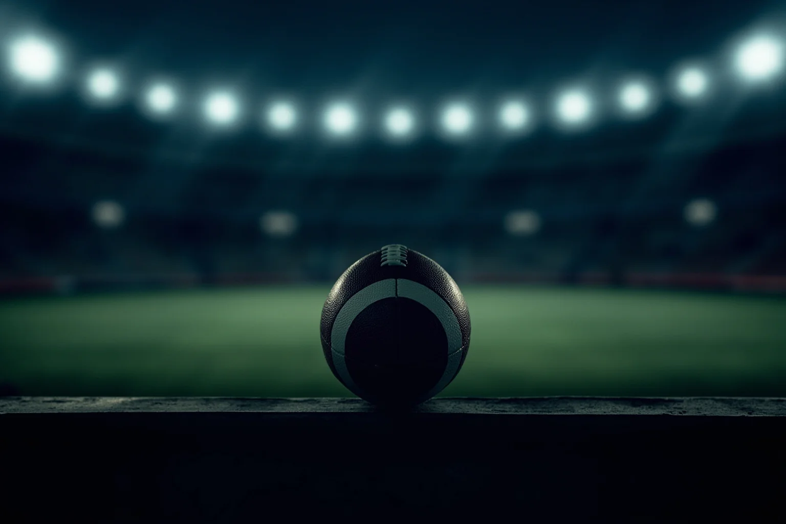 Longest Championship Droughts In Sport History 10 A brown football sitting alone on an empty stadium bench under stadium lights, moody illustration