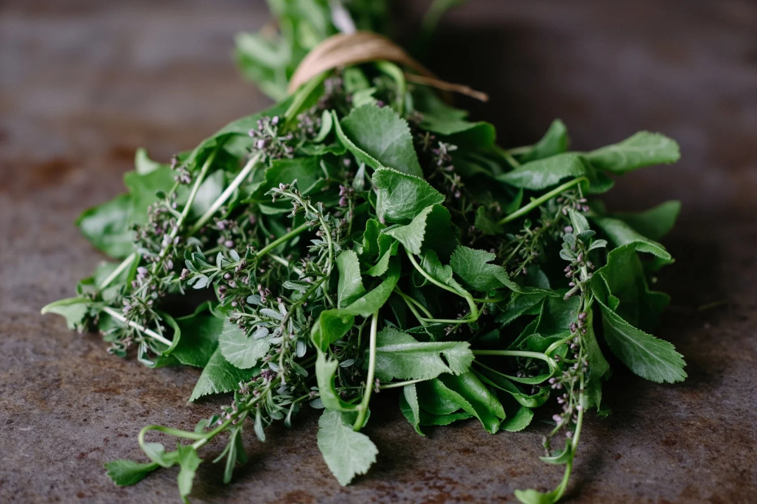 Ancient Greek Diet: 20 Foods Ancient Greeks Ate on a Daily Basis 14 A bundle of foraged wild greens and herbs like oregano and thyme tied together on a rustic table
