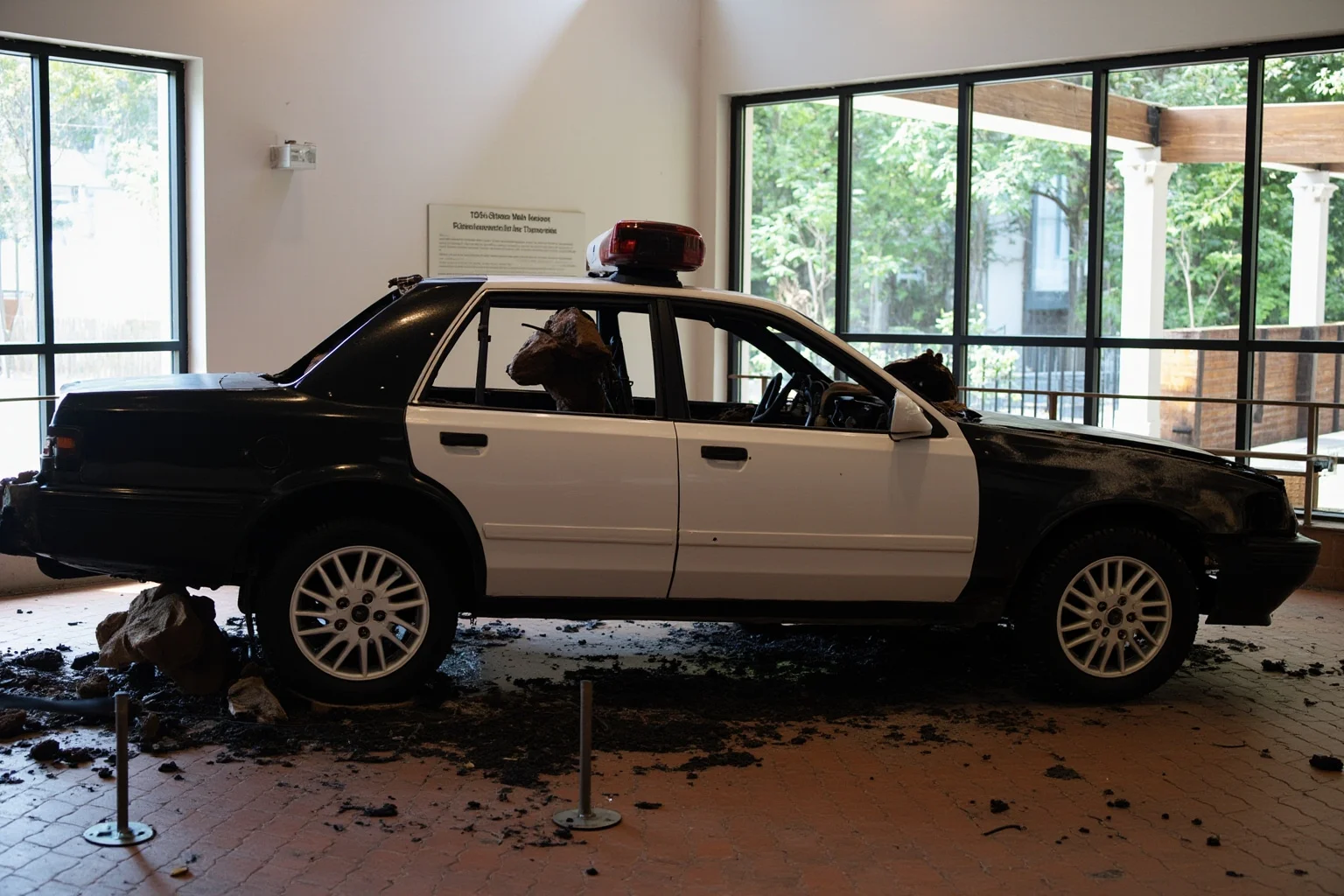 A burned and crushed police patrol car displayed in an indoor exhibition space