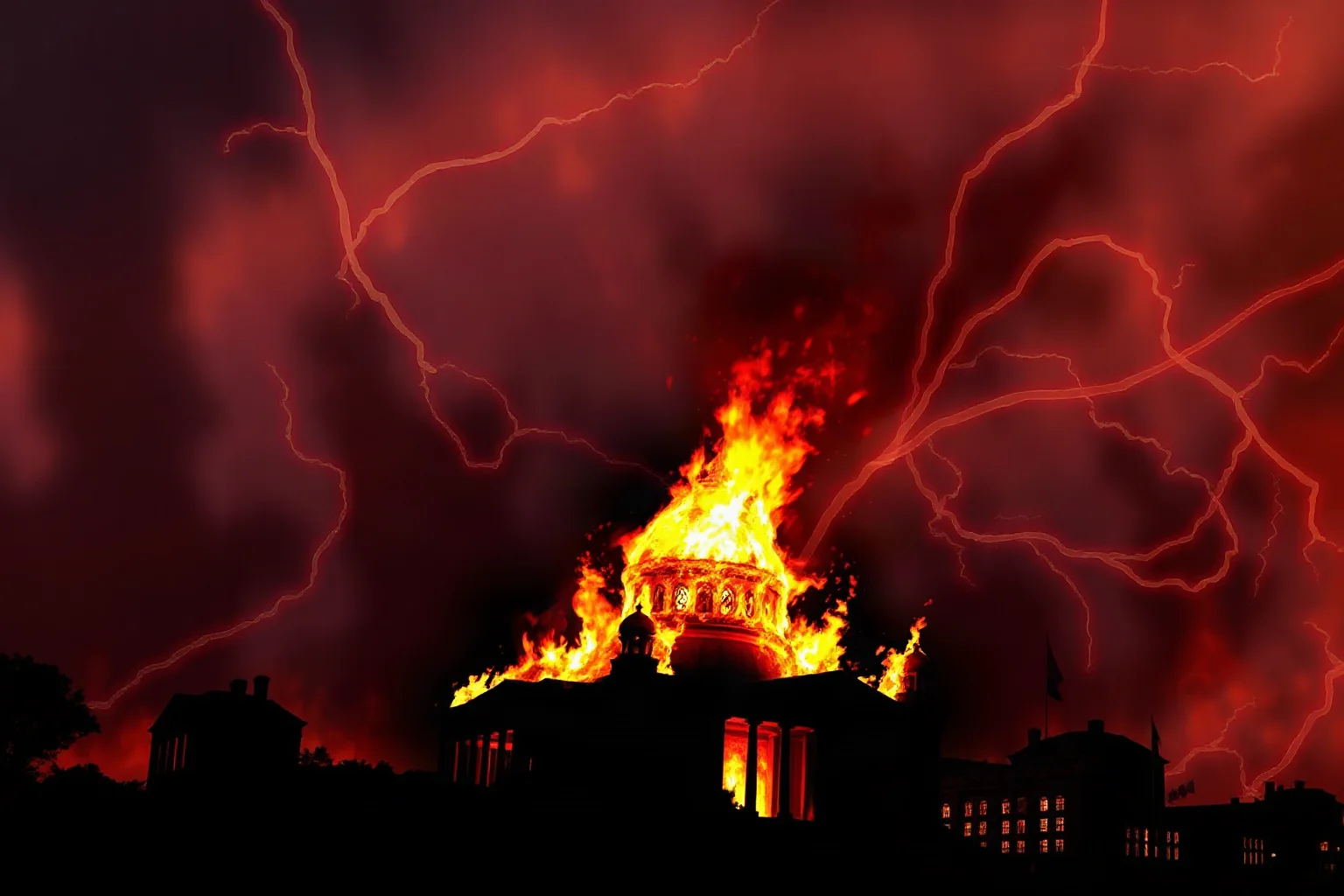 A burning silhouette of a domed government building at night under a stormy sky, symbolic historical illustration, no readable text or figures.