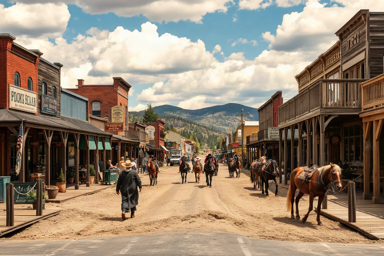 A bustling 1870s cattle-town main street lined with saloons, horses, and wooden boardwalks