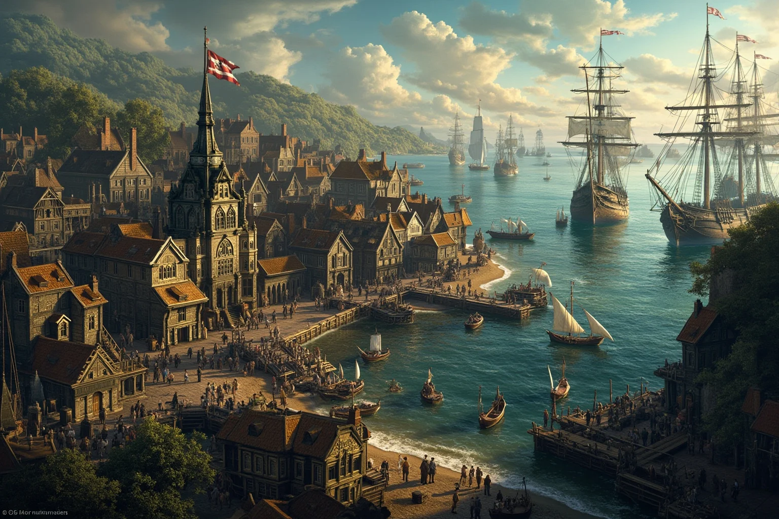 A bustling 18th-century pirate port town with taverns, merchants, and anchored ships