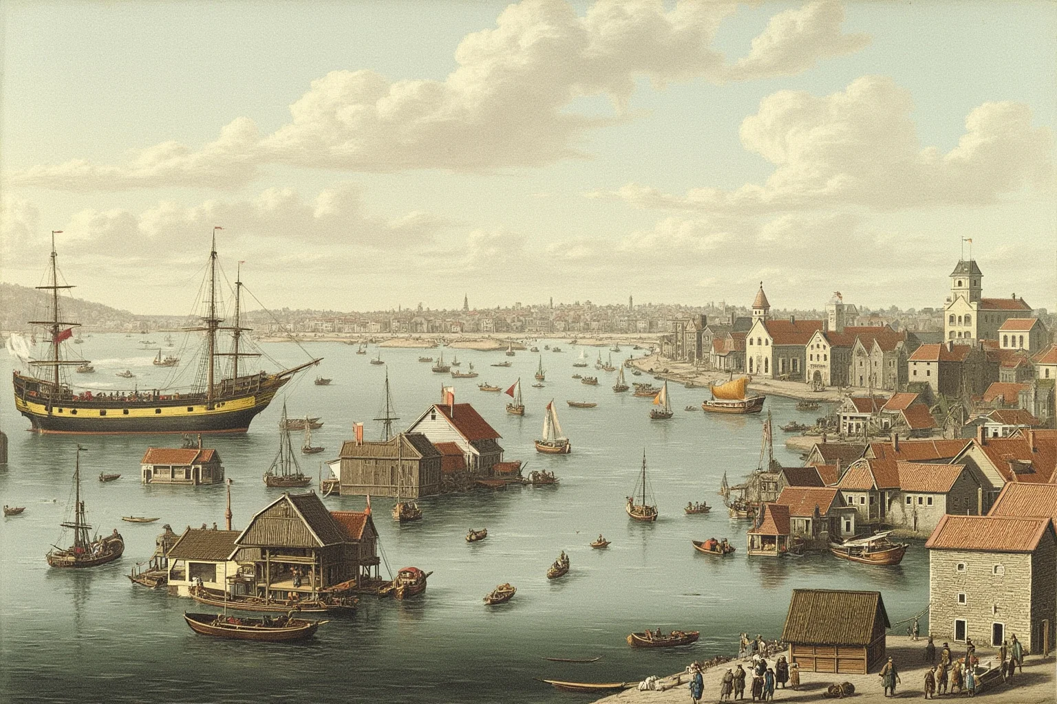 A bustling early 1800s Canton harbor filled with floating houseboats and merchant vessels