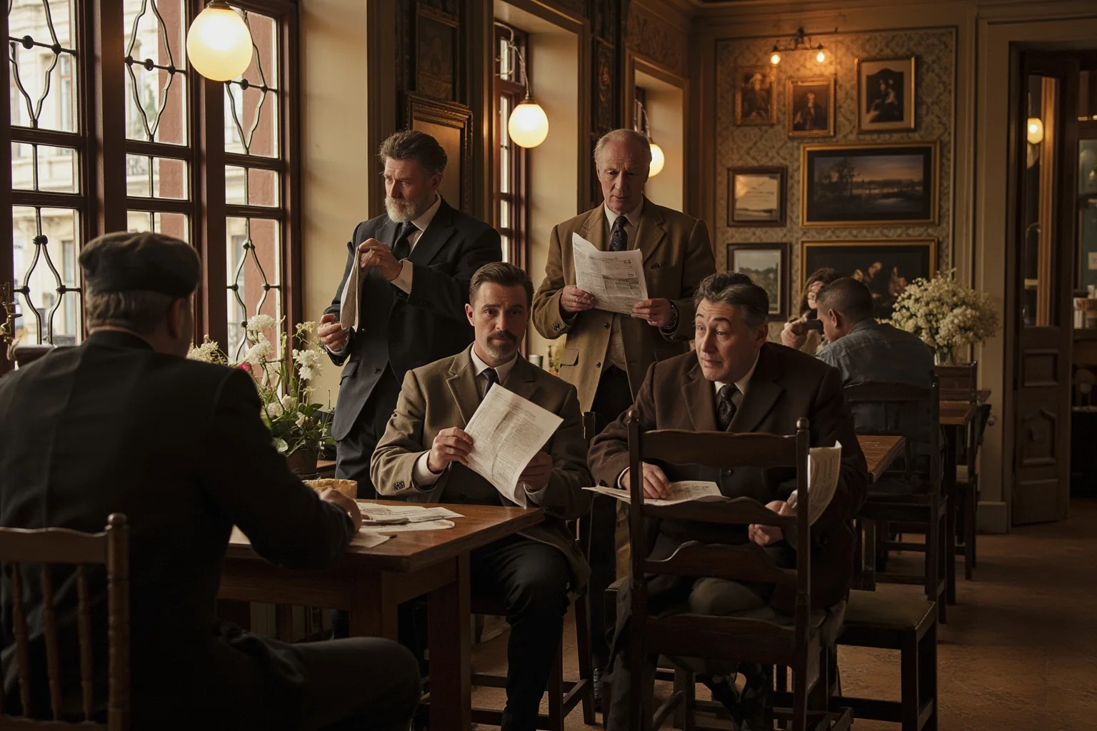 A bustling historic coffeehouse interior with patrons in period dress reading newspapers and talking