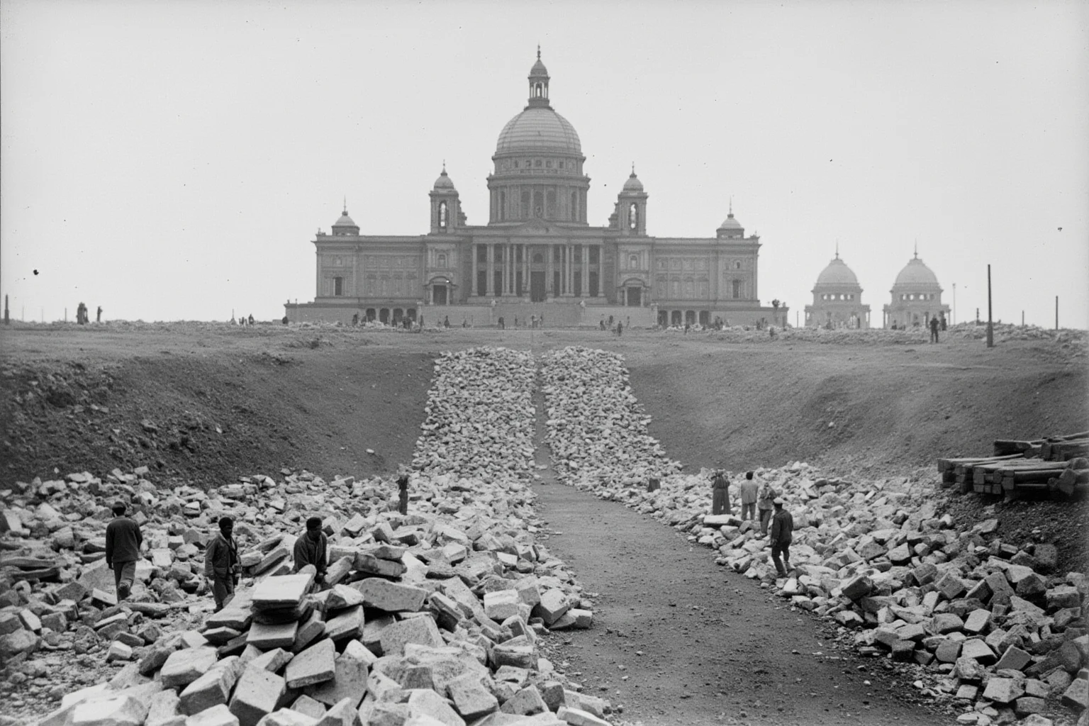 A bustling historical construction site with thousands of laborers hauling marble blocks toward a half-built domed monument