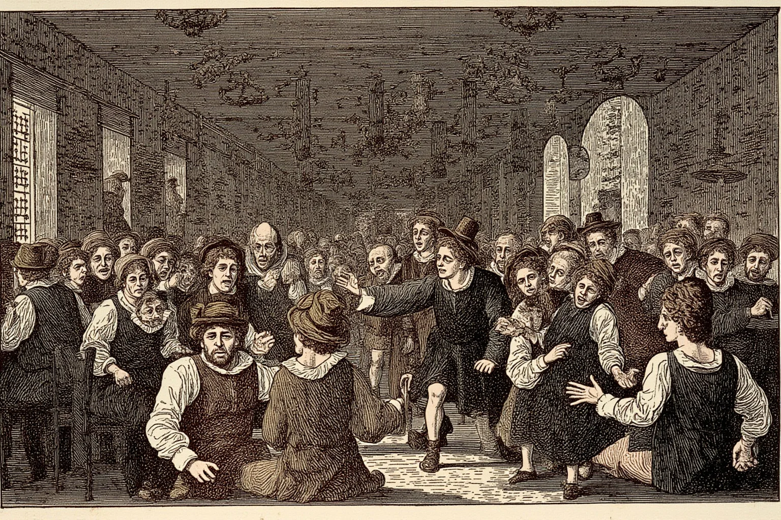 A bustling illustrated Elizabethan tavern scene with patrons laughing and gesturing animatedly