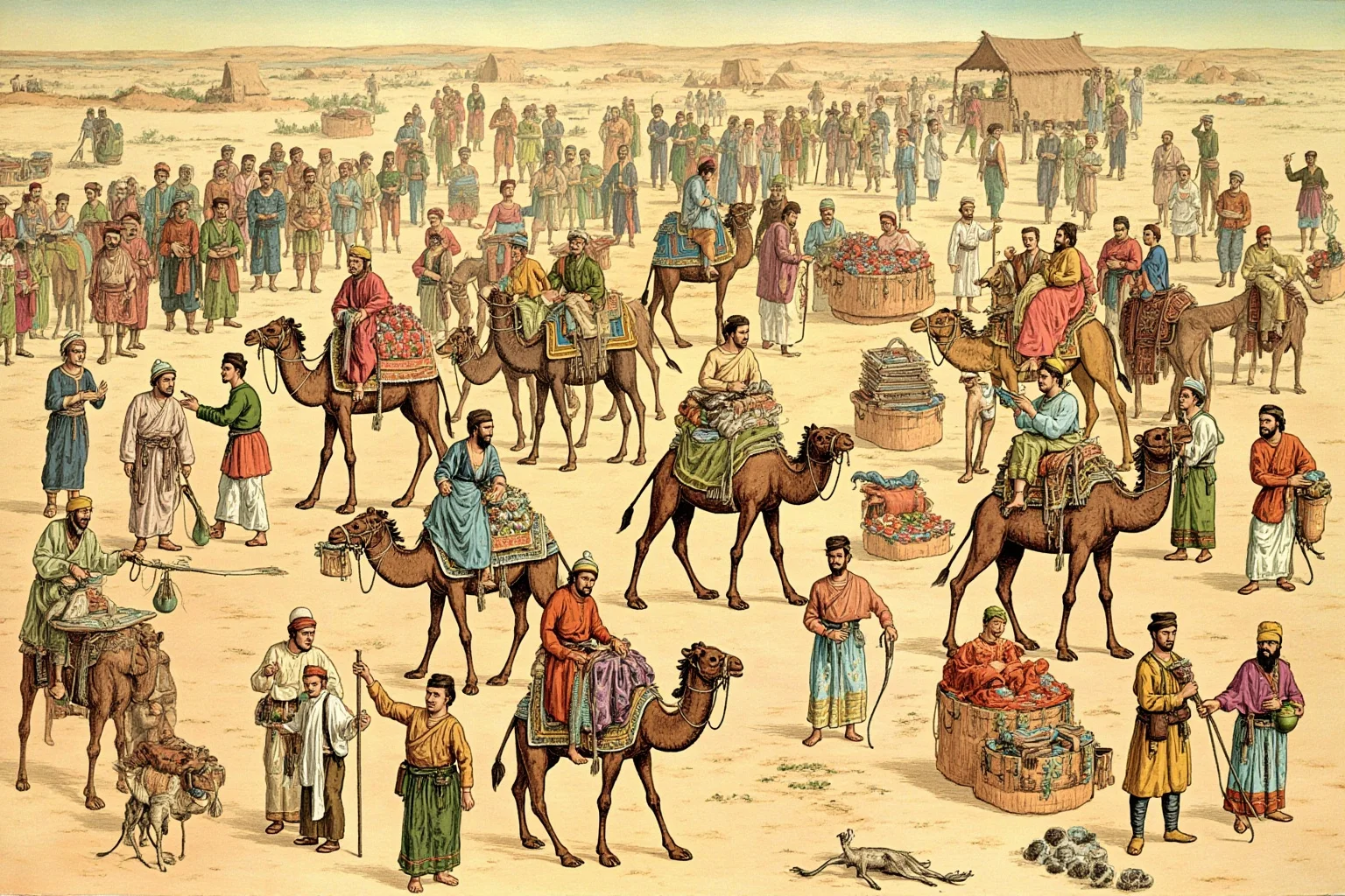 25 Little-Known Facts About Genghis Khan, the Brutal Ruler 19 A bustling illustrated Silk Road caravan scene with merchants, camels, and goods from different cultures