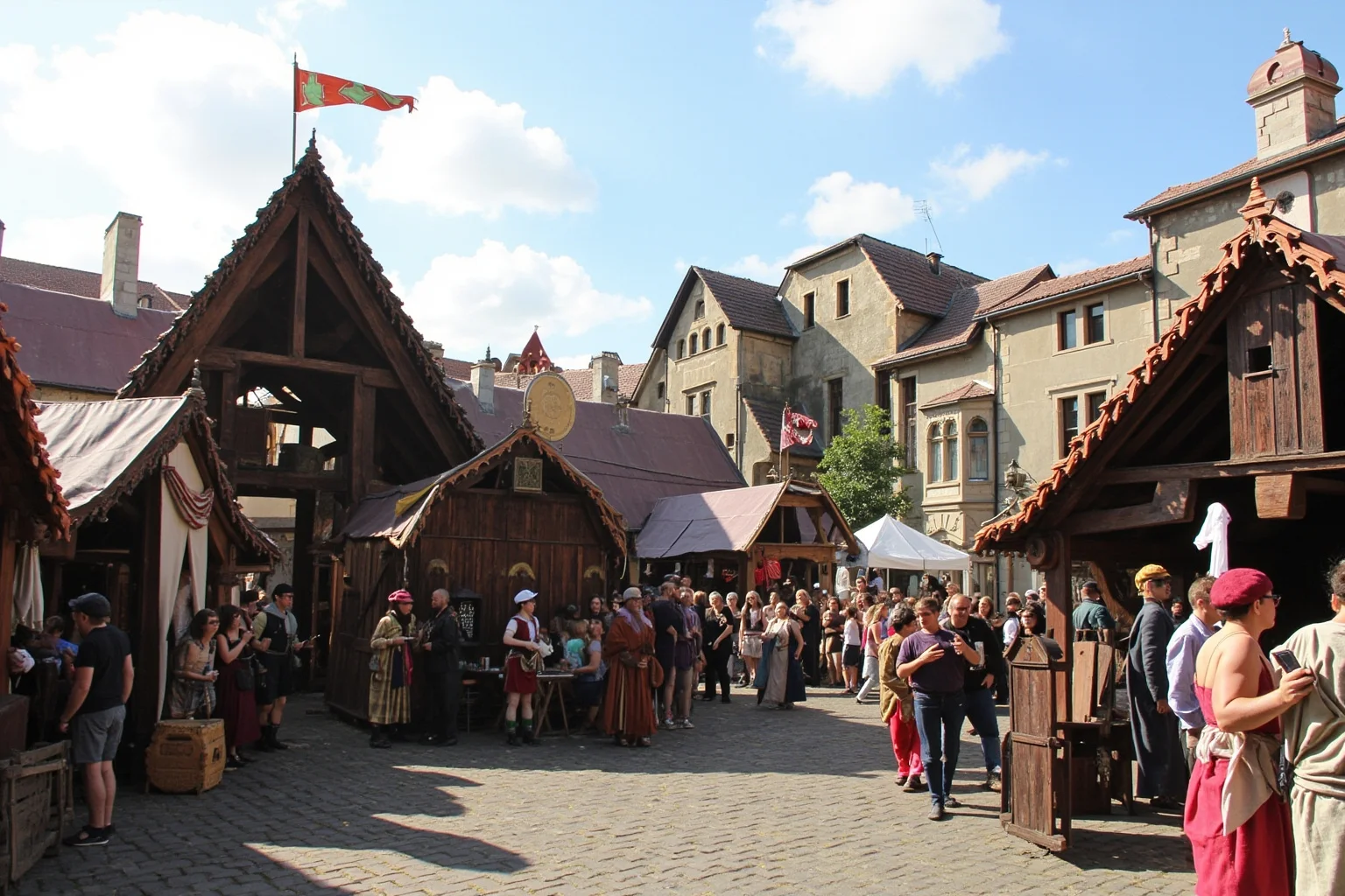 A bustling medieval fair with tents, acrobats, and traveling merchants in a town square