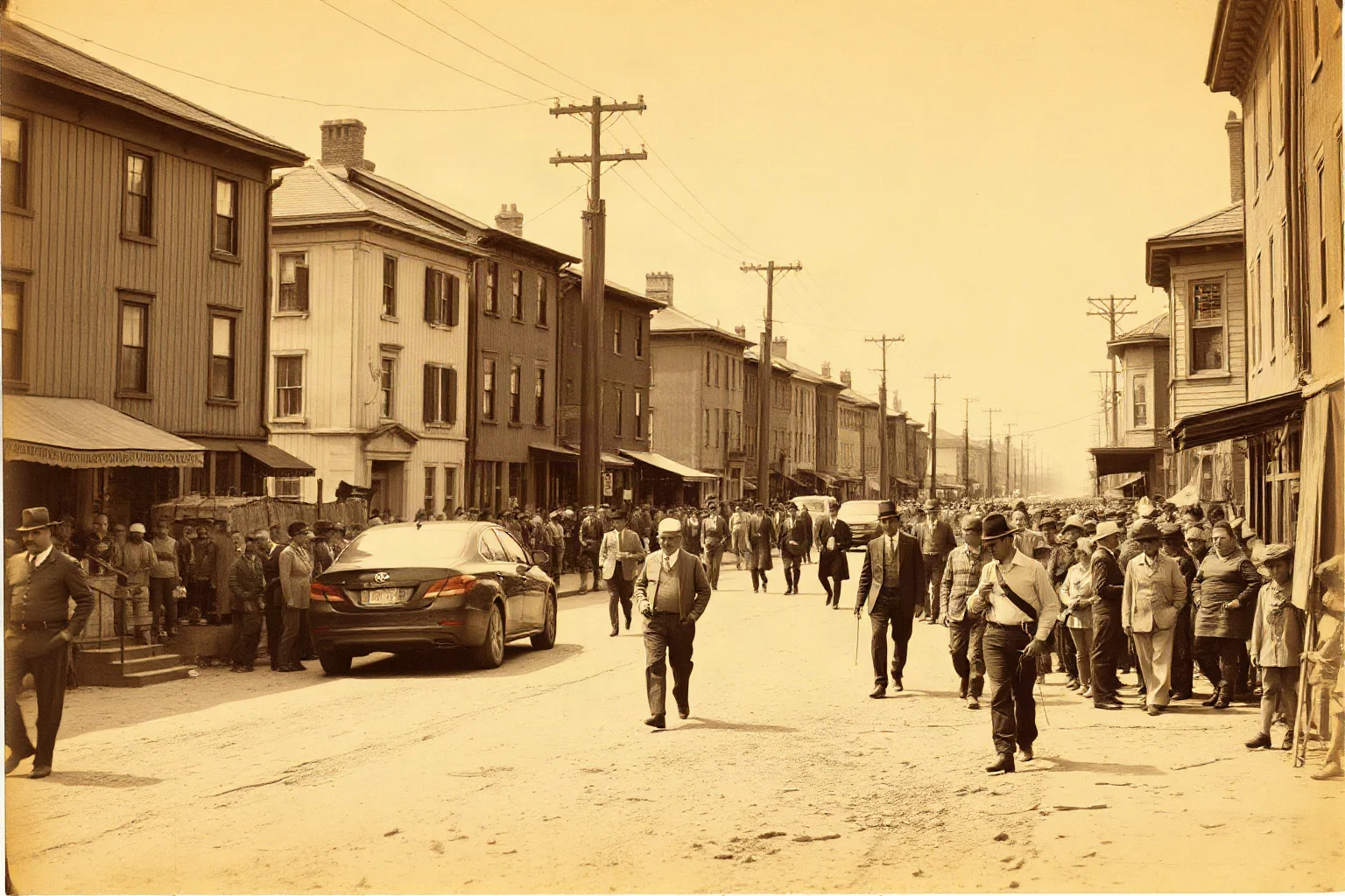 A busy 1880s Eastern city street scene with tenements and crowds, contrasting frontier imagery