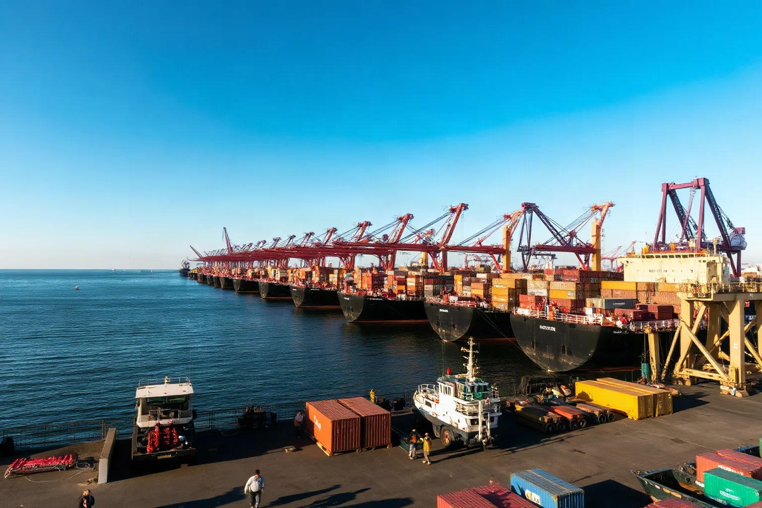 A busy dockside harbor with cargo ships loading goods for international trade