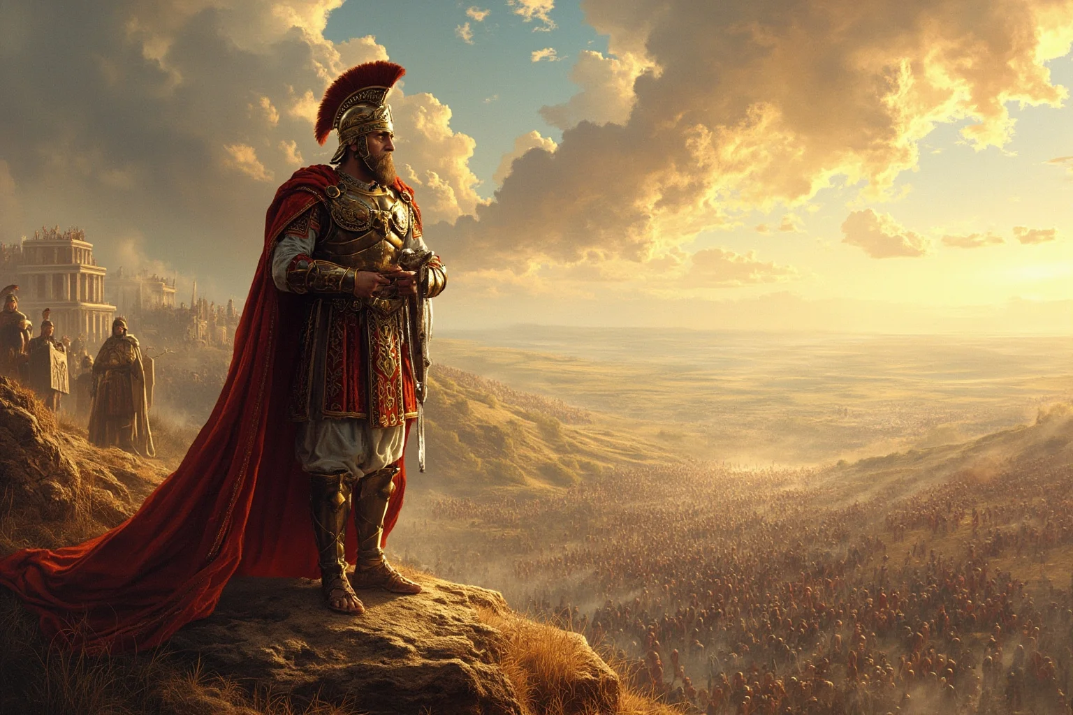 A Byzantine emperor in armor standing triumphantly on a battlefield hillside overlooking a distant army, illustrative painting style