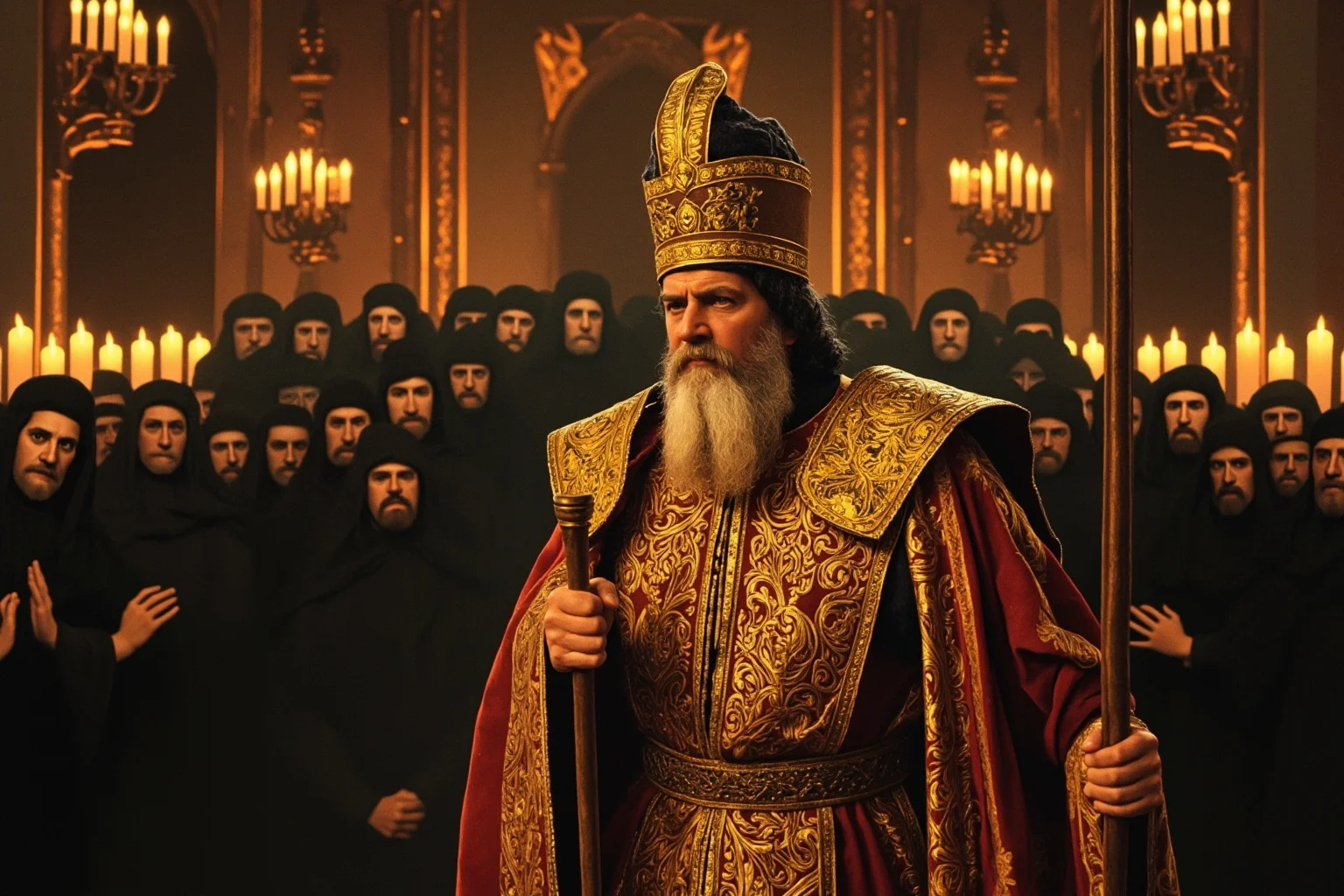 A Byzantine emperor in ornate golden robes standing in a candlelit cathedral surrounded by disapproving monks, illustrative painting style