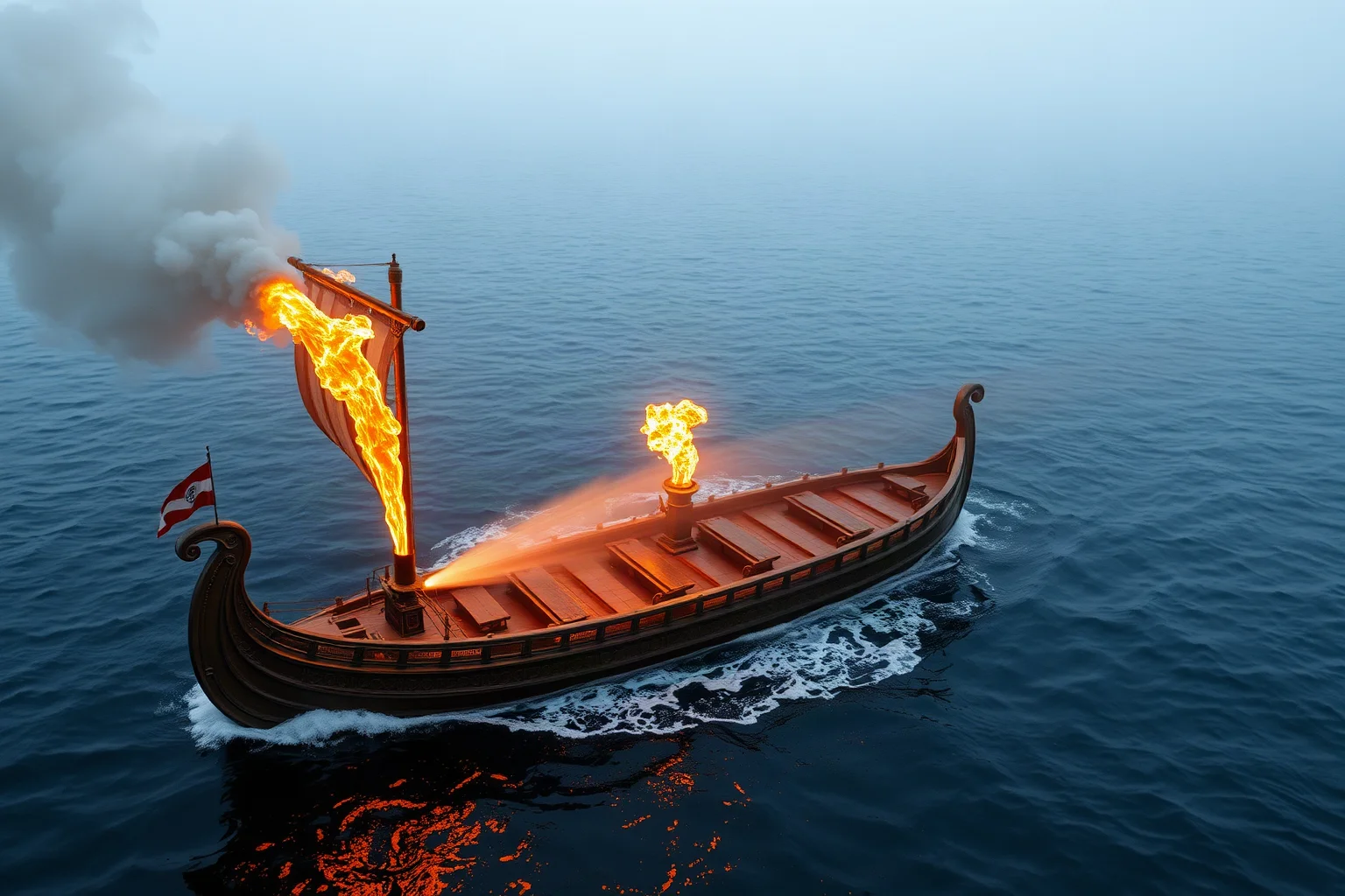 A Byzantine warship spraying flaming liquid (Greek Fire) from a bronze tube across dark water