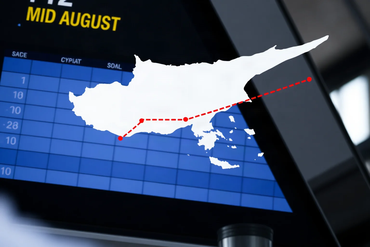 A calendar and airport departure board showing a mid-August date with a Cyprus-to-Greece flight route map overlay