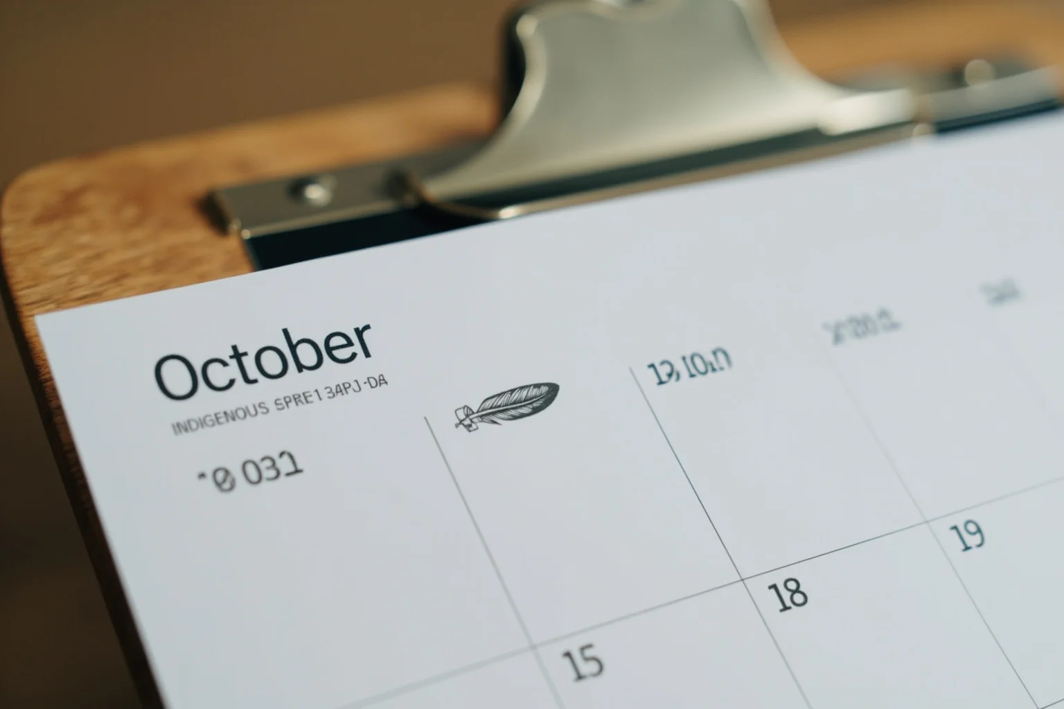 A calendar page marked in October with a small feather icon, symbolizing Indigenous Peoples' Day
