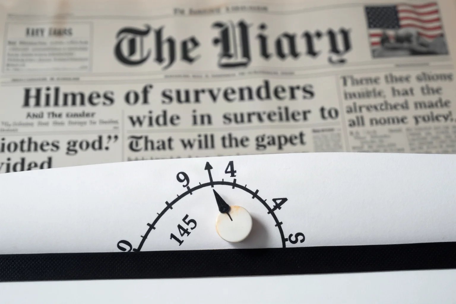 A calendar page showing 1945 turning with a faded newspaper headline about surrender in the background, conceptual illustration